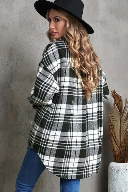 Plaid Collared Neck Button Up Jacket with Pockets-Angel Casuals