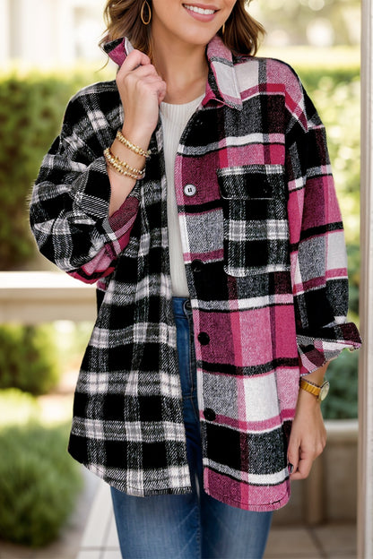 Pocketed Plaid Collared Neck Long Sleeve Shacket-Angel Casuals