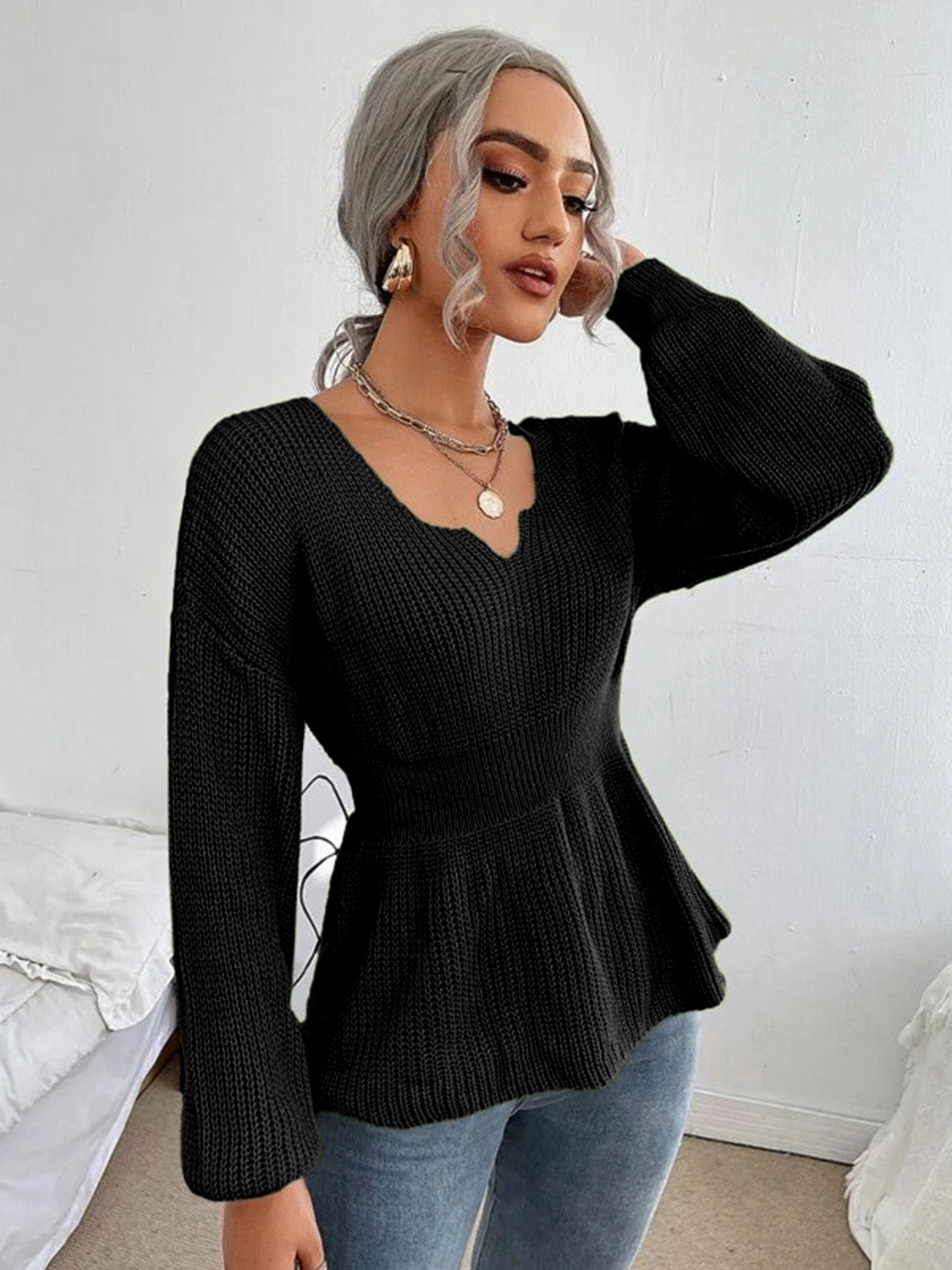 Notched Dropped Shoulder Knit Top-Angel Casuals