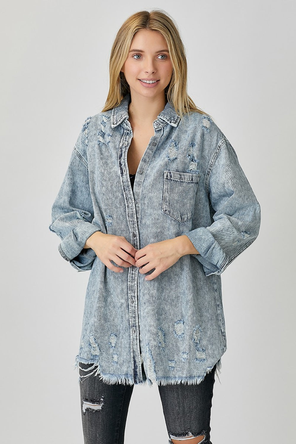 RISEN Distressed Raw Hem Denim Shirt-Angel Casuals