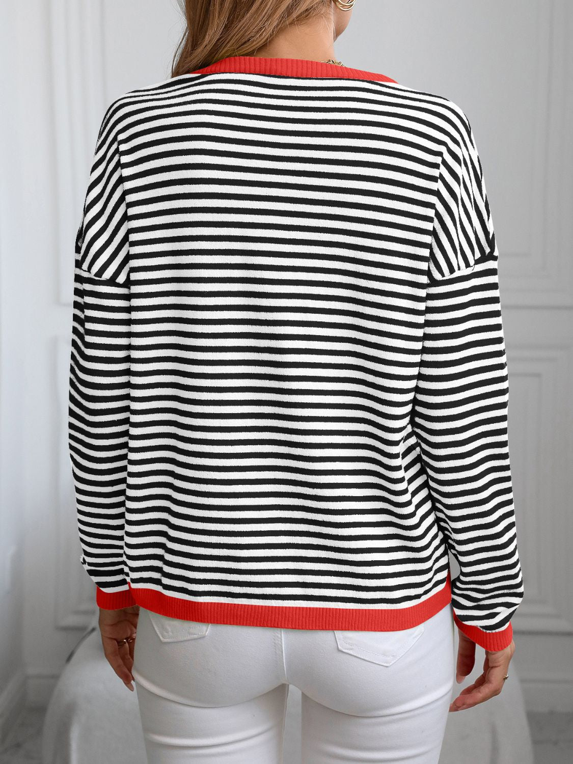 Contrast Trim Striped V-Neck Long Sleeve Knit Top-Angel Casuals