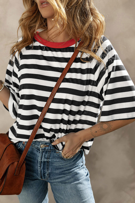 Striped Round Neck Raglan Sleeve T-Shirt-Angel Casuals