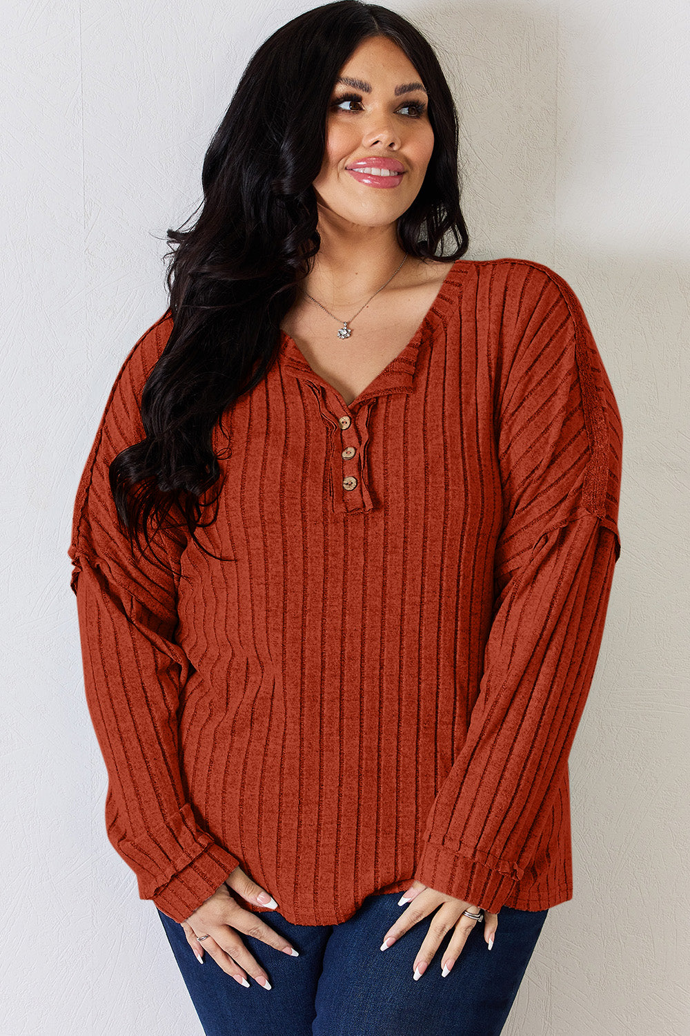 Basic Bae Full Size Ribbed Half Button Long Sleeve T-Shirt-Angel Casuals