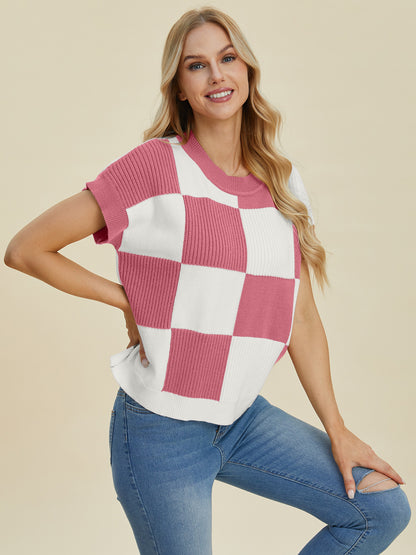 Double Take Full Size Checkered Round Neck Short Sleeve Sweater-Angel Casuals