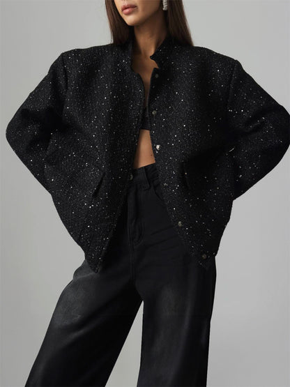 Sequin Detail Pocketed Long Sleeve Jacket-Angel Casuals