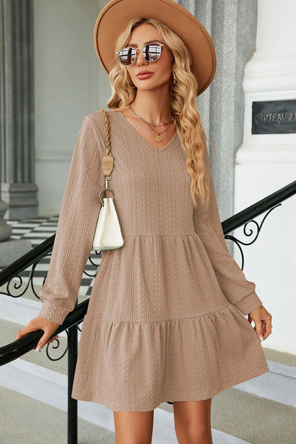 V-Neck Long Sleeve Mini Dress-Angel Casuals