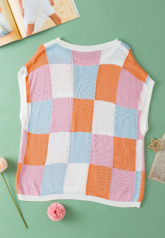 Contrast Plaid Round Neck Cap Sleeve Sweater-Angel Casuals