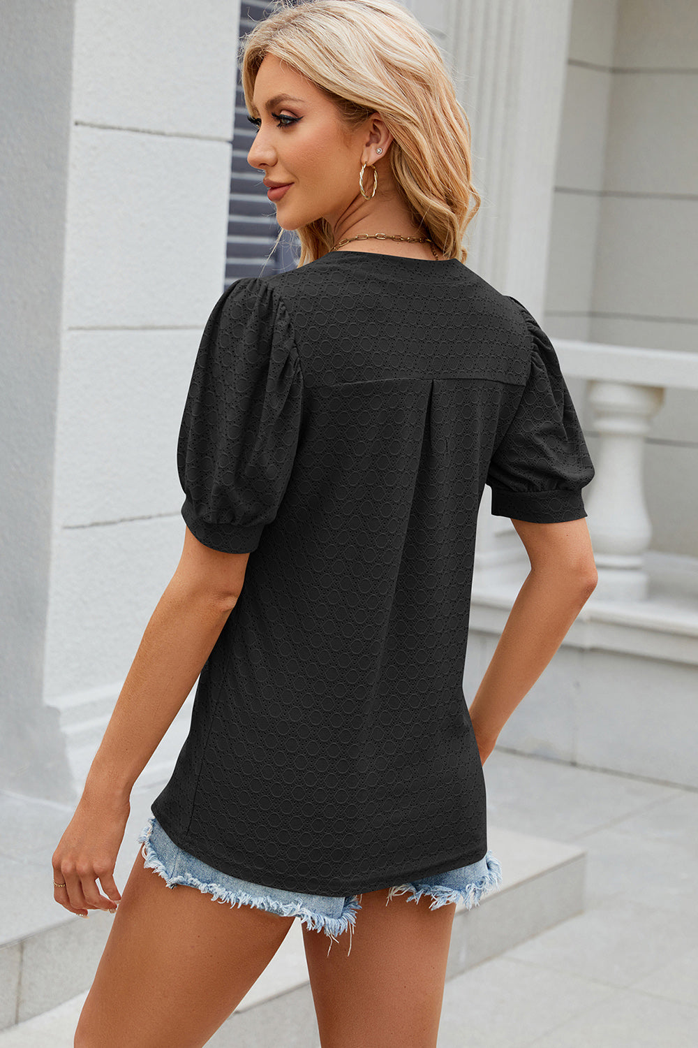 Eyelet Notched Puff Sleeve T-Shirt-Angel Casuals