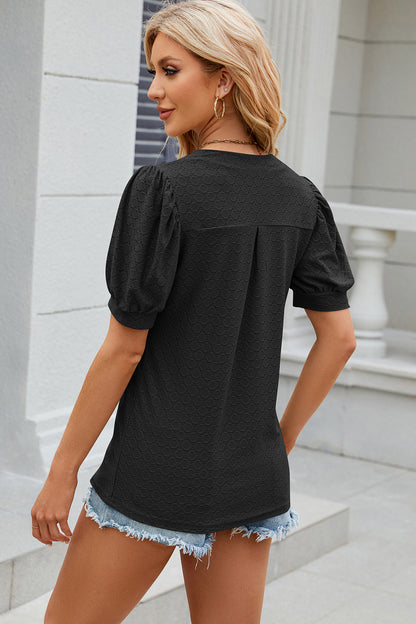 Eyelet Notched Puff Sleeve T-Shirt-Angel Casuals
