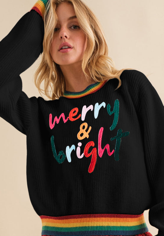 MERRY & BRIGHT Ribbed Round Neck Sweater-Angel Casuals