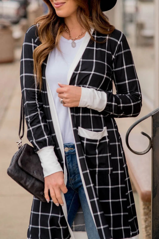 Plaid Open Front Long Sleeve Cover Up-Angel Casuals