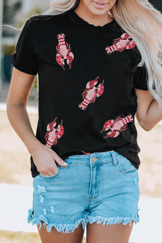 Lobster Print Round Neck Short Sleeve T-Shirt-Angel Casuals