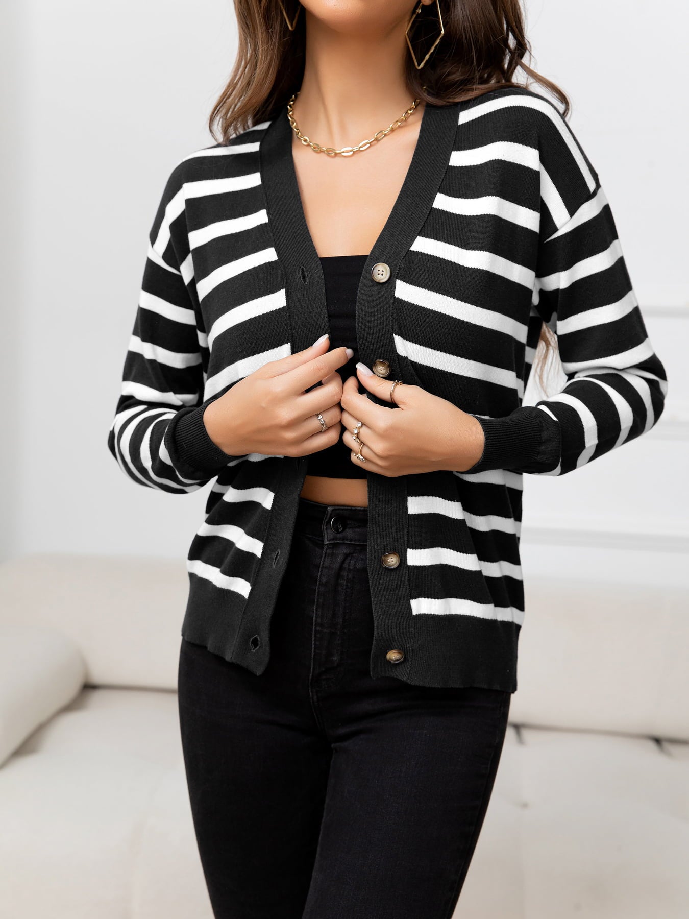 Striped Dropped Shoulder V-Neck Knit Top-Angel Casuals