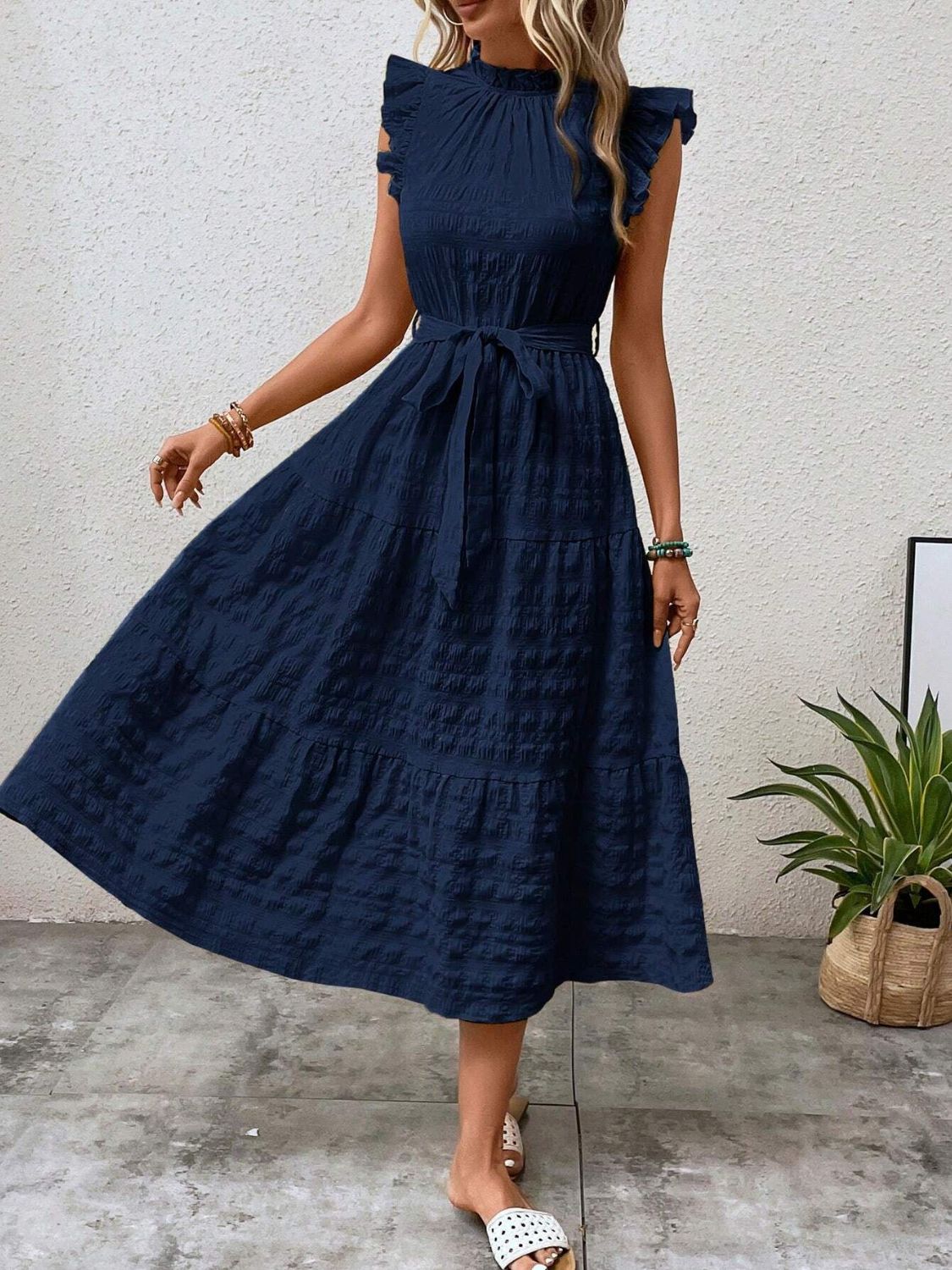 Tied Ruffled Cap Sleeve Midi Dress-Angel Casuals