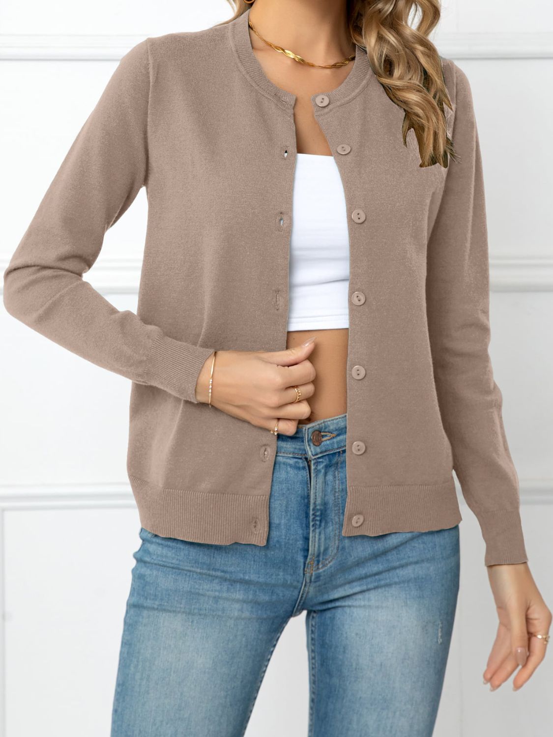 Button Down Round Neck Cardigan-Angel Casuals