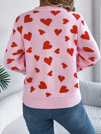 Heart Round Neck Long Sleeve Sweater-Angel Casuals