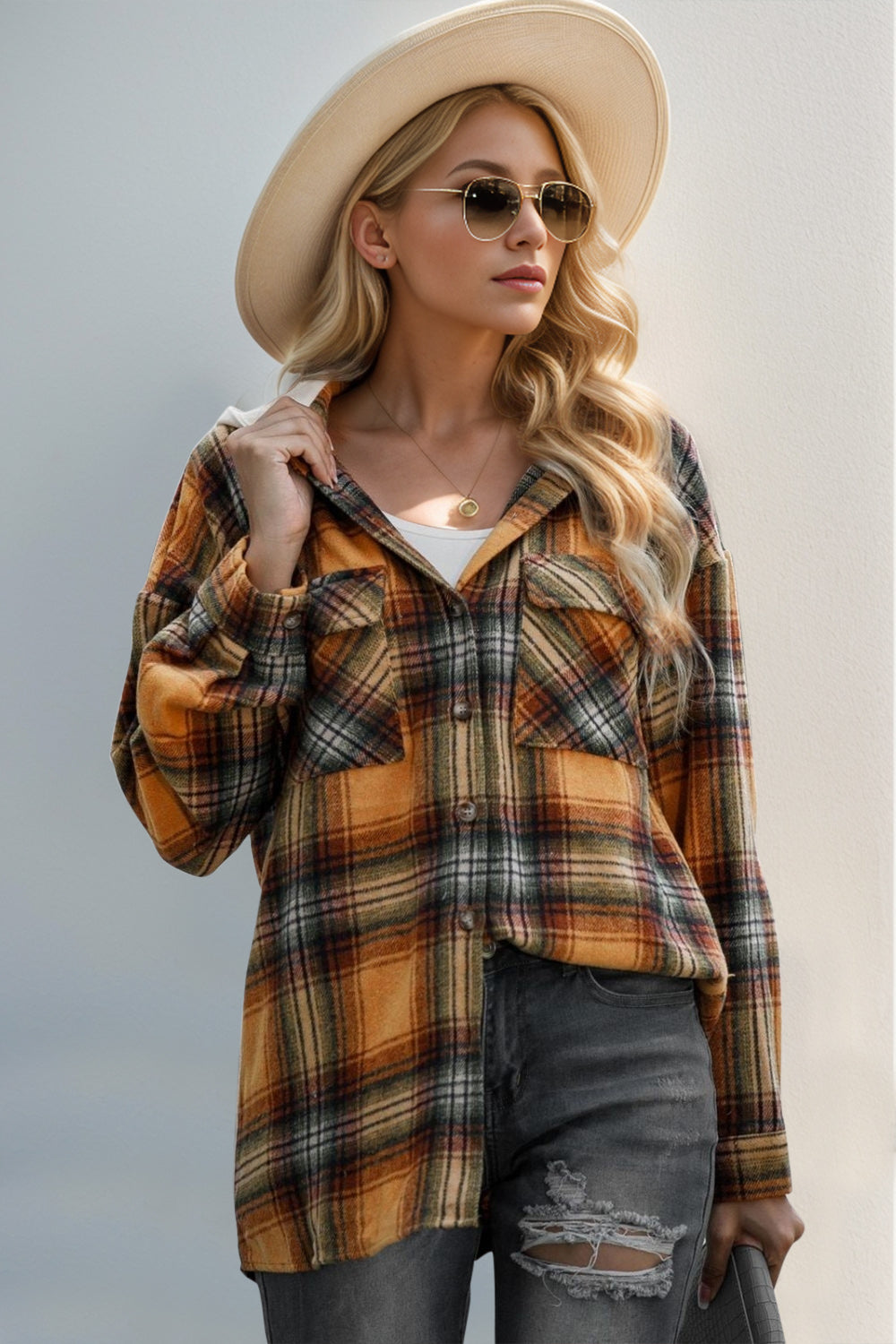 Double Take Drawstring Plaid Long Sleeve Hooded Shacket-Angel Casuals