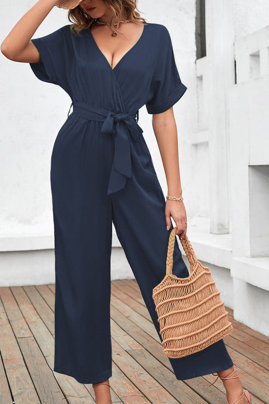 Tie Waist Surplice Wide Leg Jumpsuit-Angel Casuals