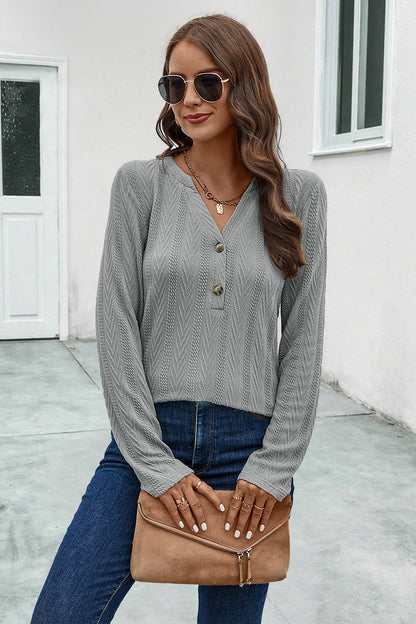 Buttoned Notched Neck Long Sleeve T-Shirt-Angel Casuals