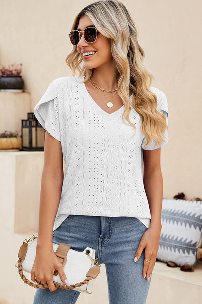 Eyelet V-Neck Petal Sleeve T-Shirt-Angel Casuals