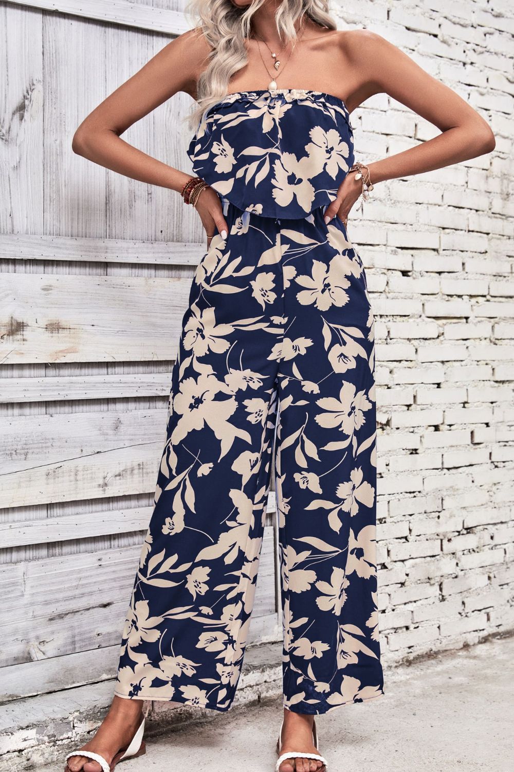 Floral Strapless Wide Leg Jumpsuit-Angel Casuals