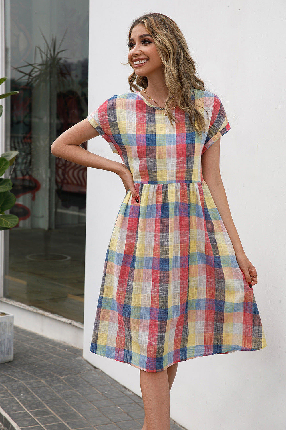 Plaid Round Neck Cap Sleeve Dress-Angel Casuals