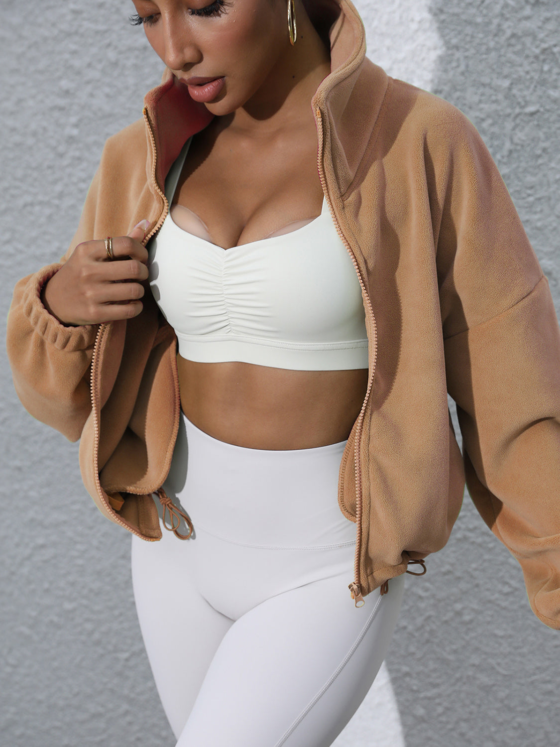 Drawstring Turtleneck Zip Up Long Sleeve Jacket-Angel Casuals