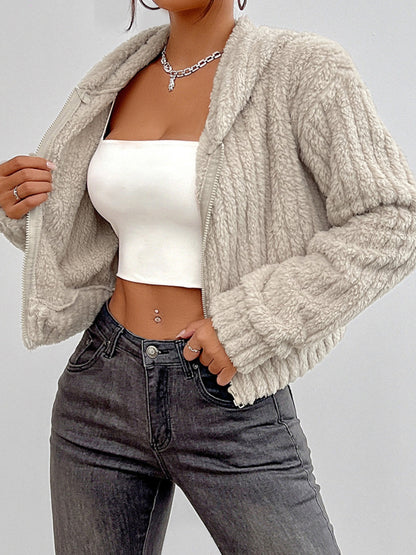 Zip Up Long Sleeve Fuzzy Hooded Jacket-Angel Casuals