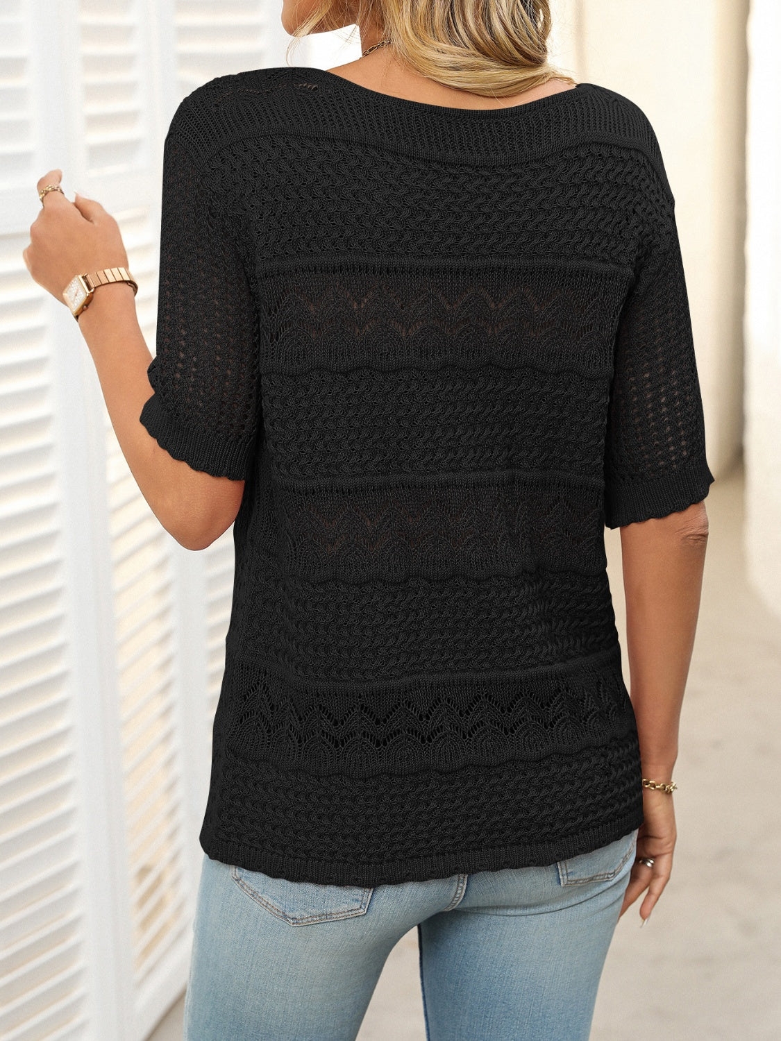 Mandy Openwork Round Neck Half Sleeve Knit Top-Angel Casuals