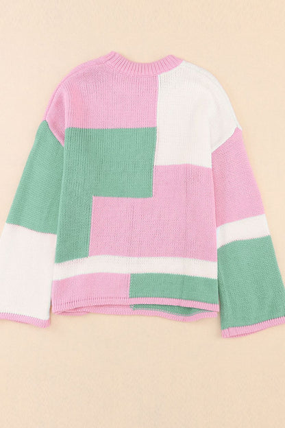 Color Block Round Neck Drop Shoulder Sweater-Angel Casuals