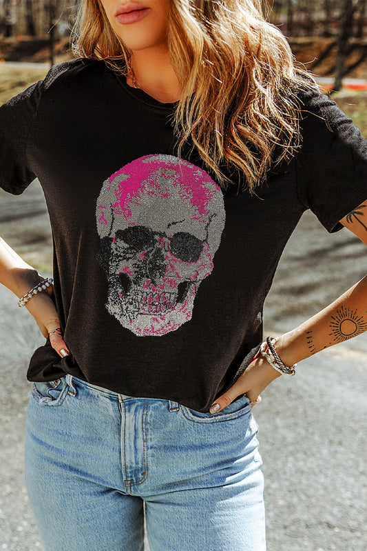 Skull Round Neck Short Sleeve T-Shirt-Angel Casuals