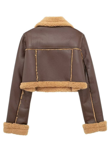 Collared Neck Long Sleeve Plush Cropped Jacket-Angel Casuals