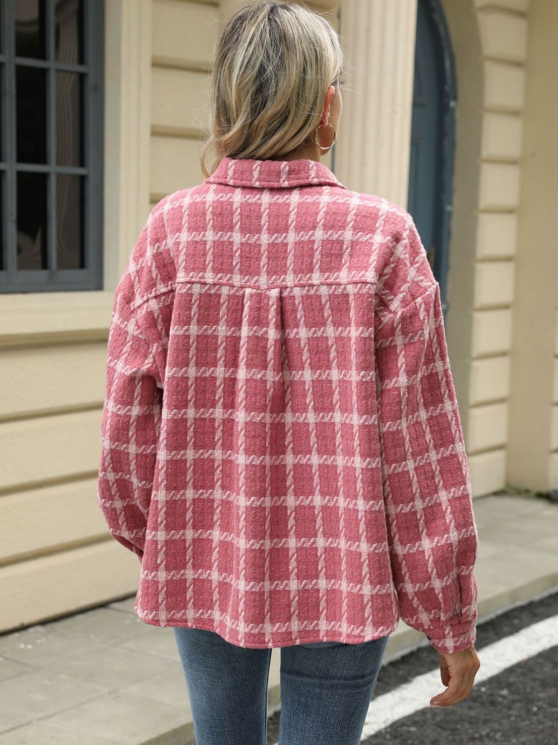 Plaid Collared Neck Long Sleeve Jacket-Angel Casuals