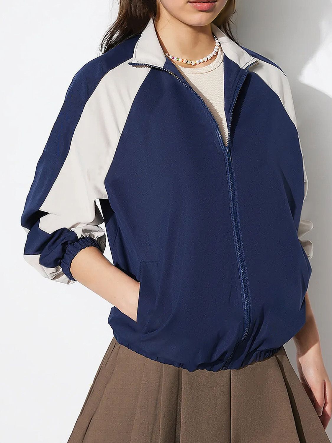 Contrast Zip Up Collared Neck Long Sleeve Jacket-Angel Casuals