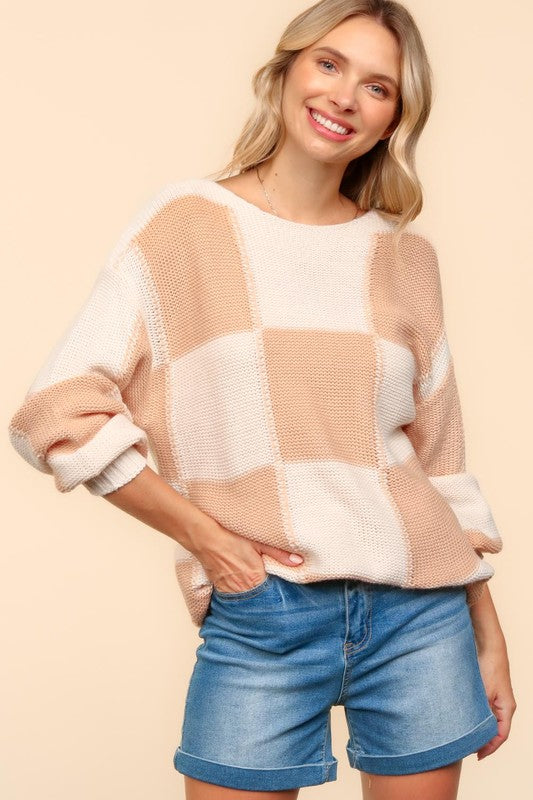 Haptics Full Size Checkered Round Neck Drop Shoulder Sweater-Angel Casuals