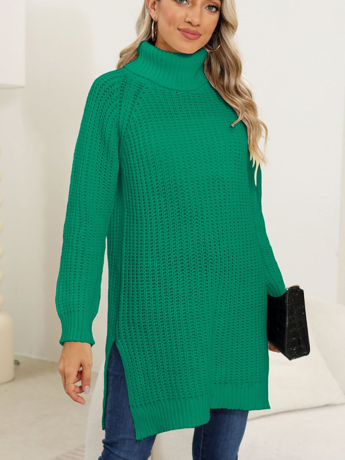 Slit Turtleneck Long Sleeve Sweater-Angel Casuals