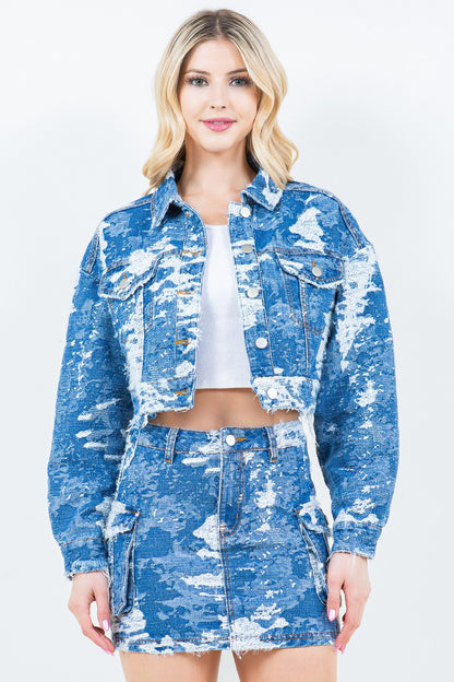 American Bazi Jacquard Trim Cropped Denim Jacket-Angel Casuals