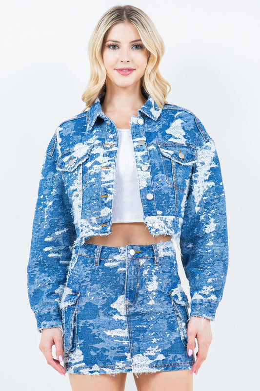 American Bazi Jacquard Trim Cropped Denim Jacket-Angel Casuals