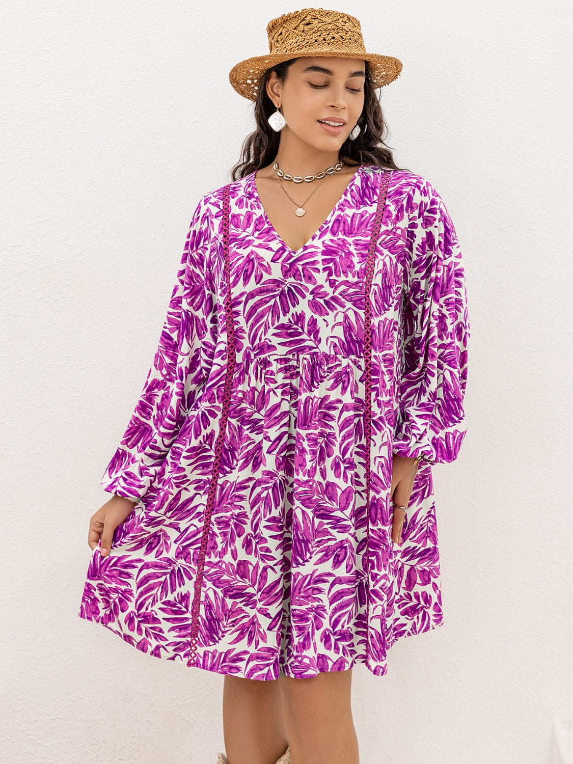 Plus Size Printed V-Neck Balloon Sleeve Mini Dress-Angel Casuals