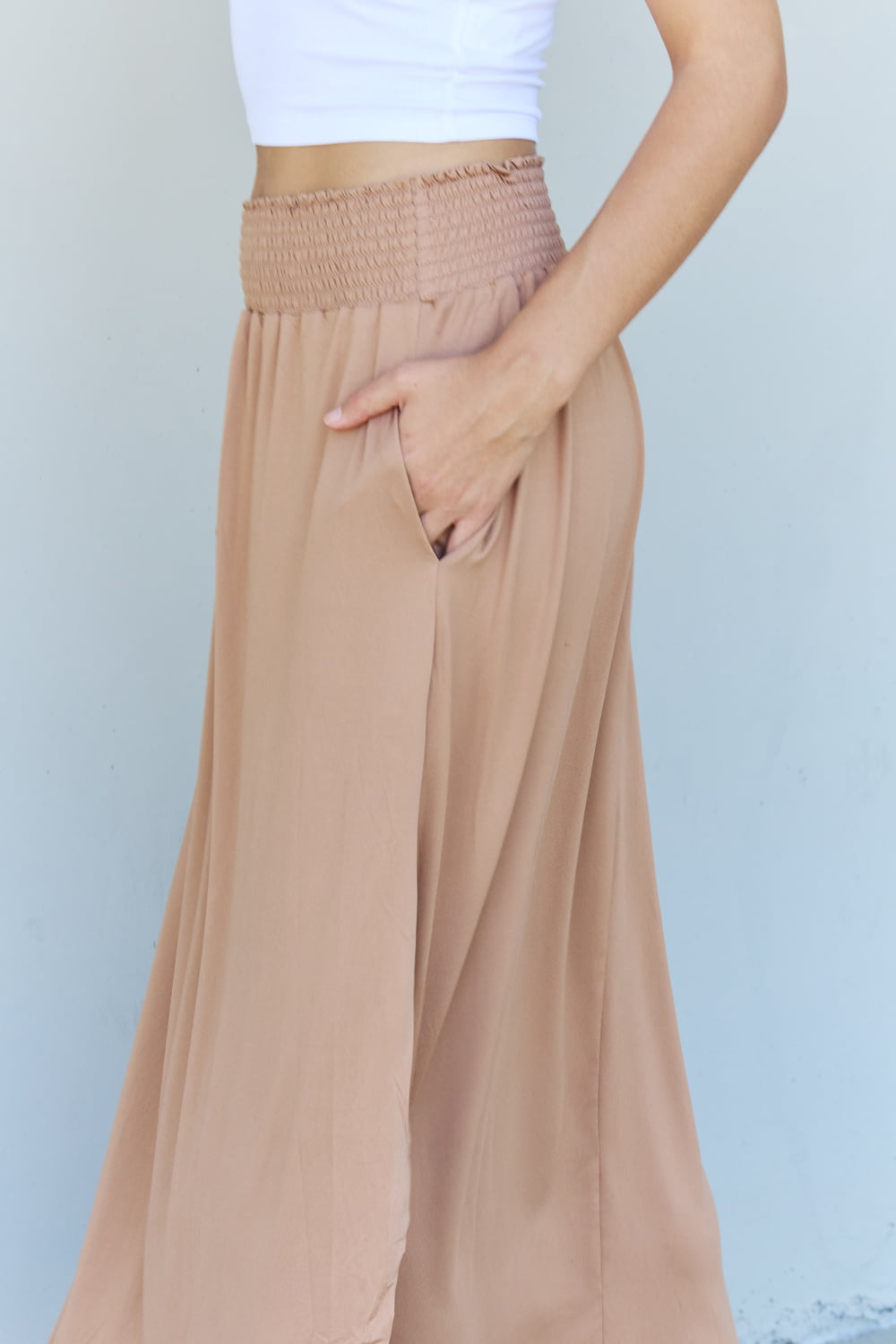 Doublju Comfort Princess Full Size High Waist Scoop Hem Maxi Skirt in Tan-Angel Casuals