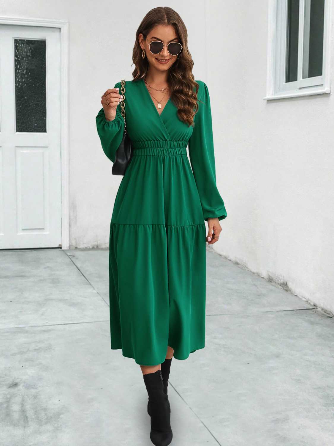 Surplice Neck Long Sleeve Midi Dress-Angel Casuals