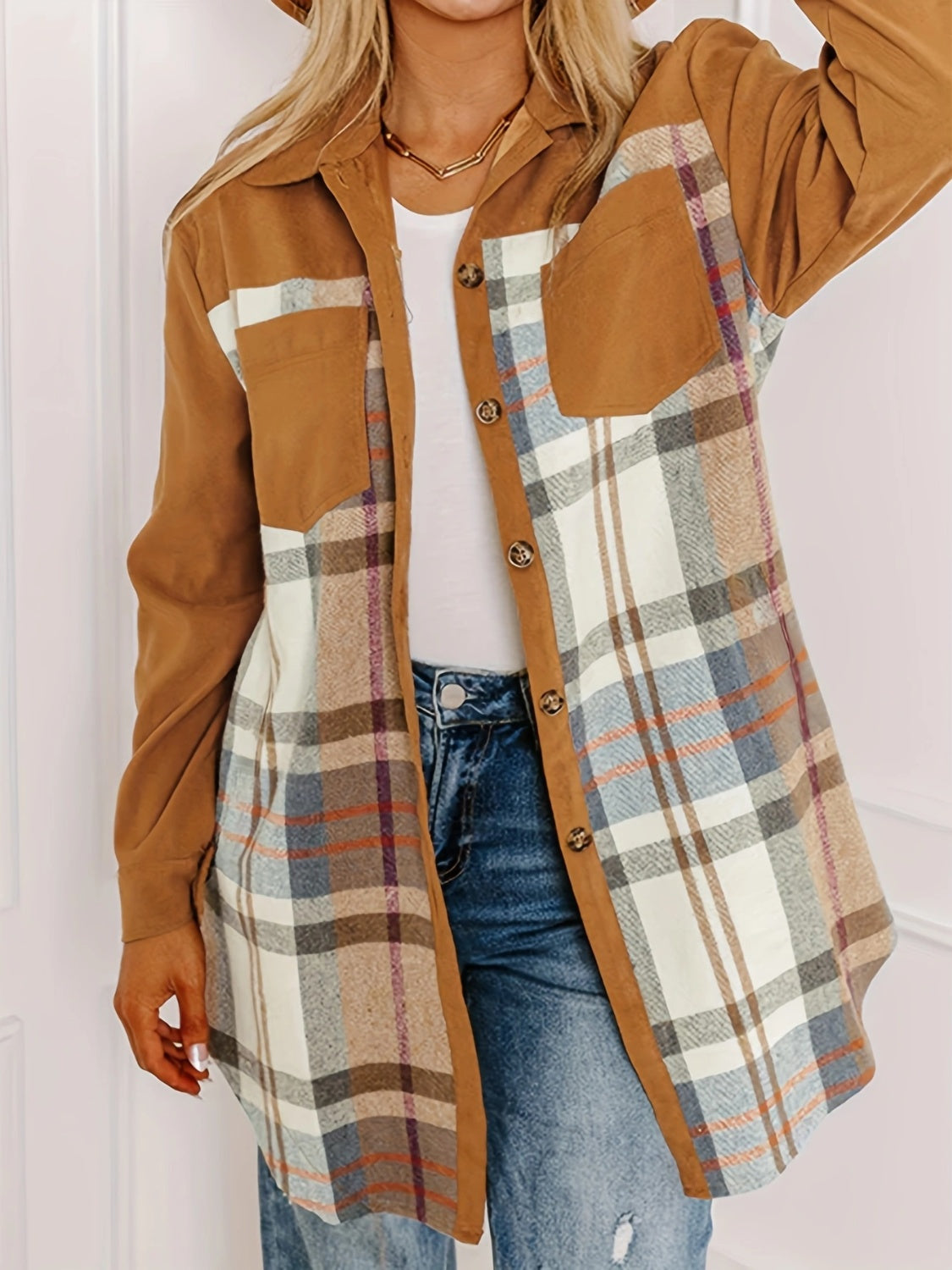 Plaid Collared Neck Long Sleeve Jacket-Angel Casuals