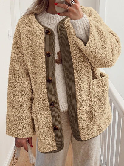 Contrast Button Up Sherpa Jacket with Pockets-Angel Casuals