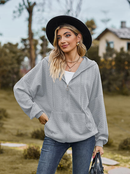 Zip Up Drawstring Long Sleeve Hooded Jacket-Angel Casuals