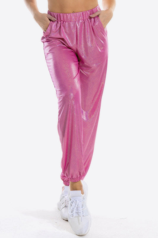 Glitter Elastic Waist Pants with Pockets-Angel Casuals