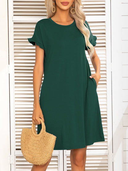 Round Neck Flounce Sleeve Dress with Pockets-Angel Casuals