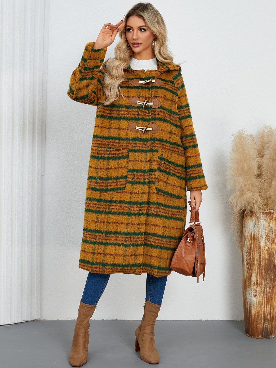 Plaid Long Sleeve Hooded Coat with Pockets-Angel Casuals