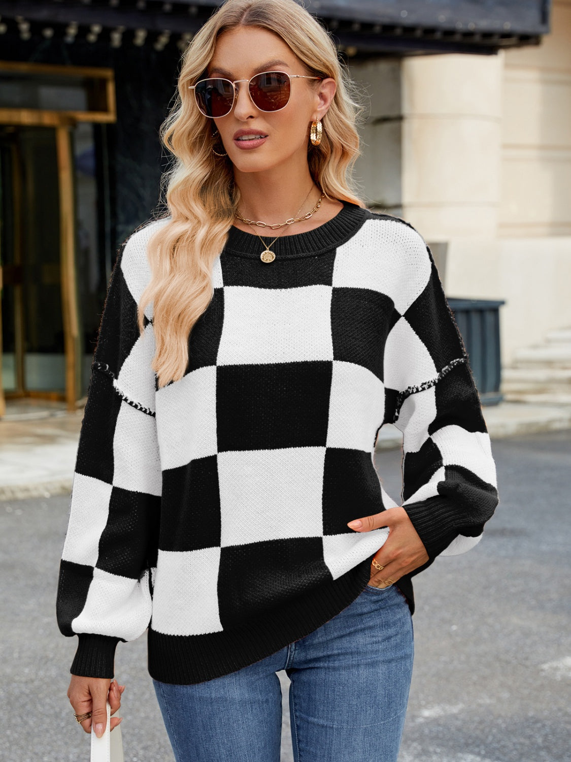 Checkered Round Neck Long Sleeve Sweater-Angel Casuals