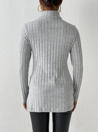 Ribbed Turtleneck Long Sleeve Slit T-Shirt-Angel Casuals