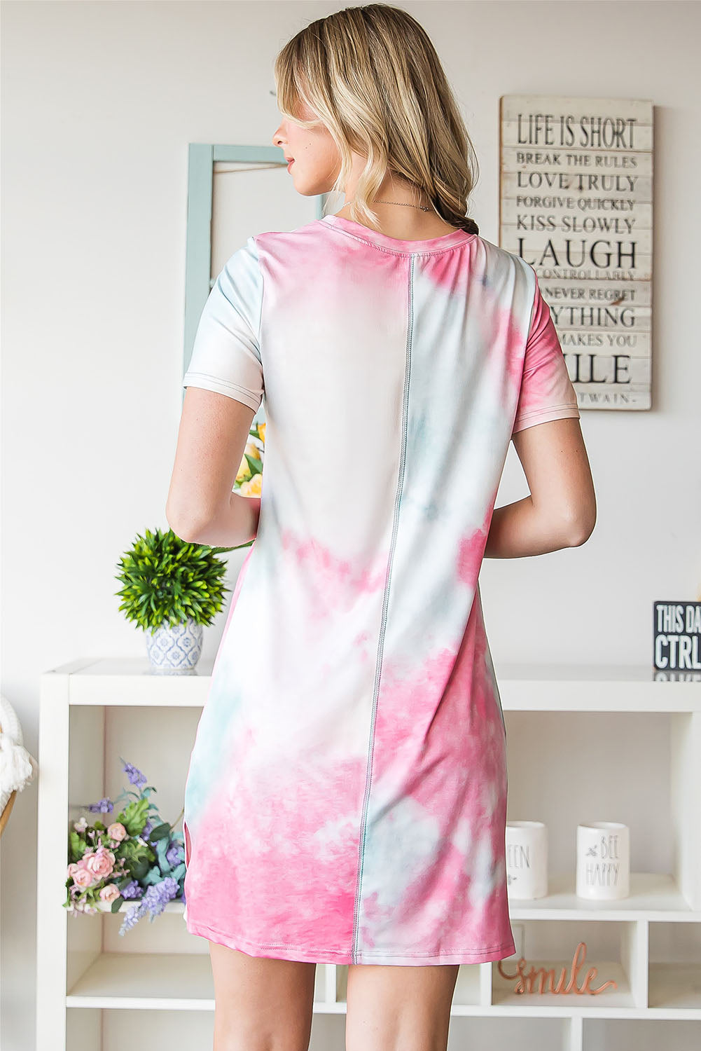 Tie-Dye Round Neck Short Sleeve Slit Dress-Angel Casuals